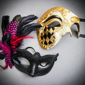 Venetian Gold Black Phantom Face & Glitter Peacock PINK Feather Eye Couple Mask